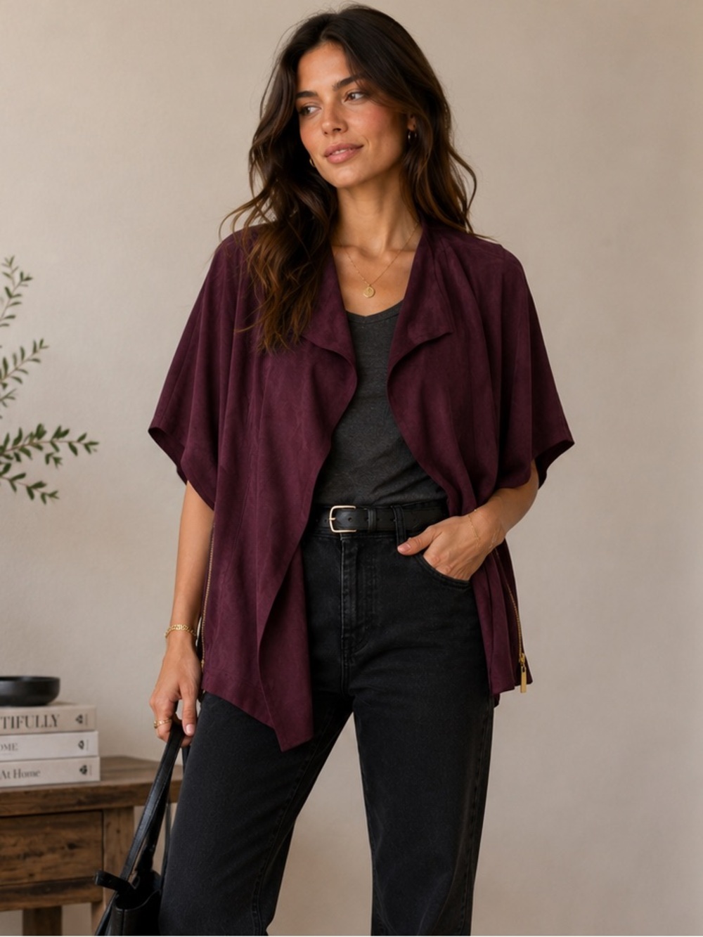 Chicos Draped Short Sleeve Cardigan - Burgundy